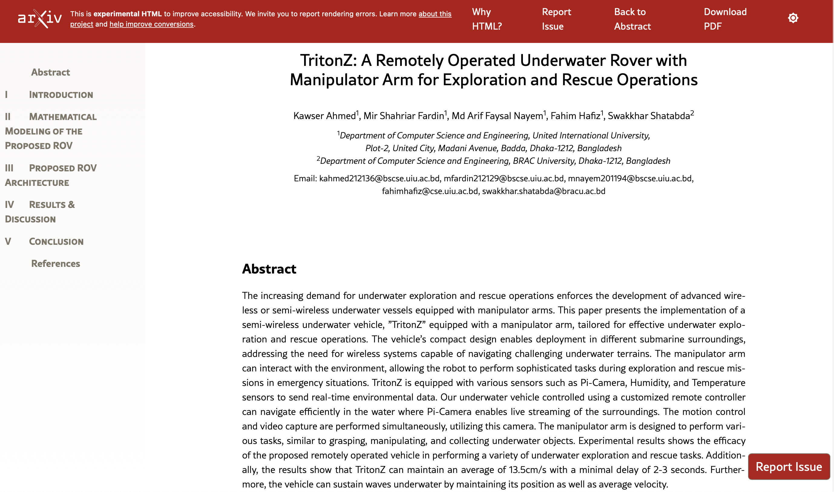 TritonZ: A Remotely Operated Underwater Rover with Manipulator Arm for Exploration and Rescue Operations